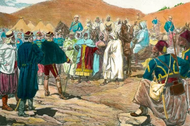 Colonialisme : des chefs tribaux tunisiens viennent au parlement. Gravure du XIXe siècle, collection particulière