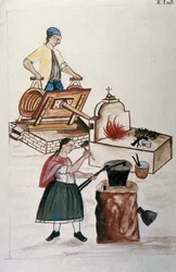 Couple de métis de Moyobamba travaillant le fer dans une forge, du livre "Trujillo del Peru" ou "Códice Martínez Compañón", par Baltazar Martinez Compañón y Bujanda, évêque de Trujillo (1782-1785)