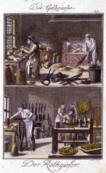Artisanat : le fondeur de cuivre et le dinandier dans leurs ateliers. Dans « Description complète des arts et métiers et ateliers pour les jeunes » par Johan Peter Vire. Éd. Nuremberg, Weigel et Schneider