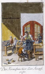 Métiers : le fabricant de boutons dans son atelier. Dans « Description complète des arts et métiers et des ateliers pour les jeunes » par Johan Peter Vue. Éd. Nuremberg, Weigel et Schneider