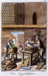 Métiers : le fabricant de tuiles ou de briques dans son atelier. Dans « Description complète des arts et métiers et ateliers pour les jeunes » par Johan Peter Vue. Ed. Nuremberg, Weigel et Schneider