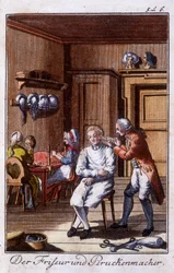 Métiers : coiffeur et perruquier dans leur atelier. Dans « Description complète des arts et métiers et ateliers pour les jeunes » par Johan Peter Vue. Éd. Nuremberg, Weigel et Schneider