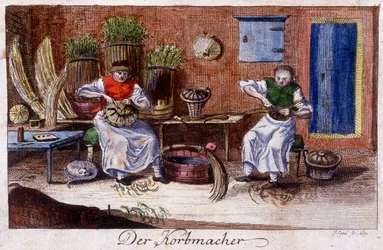 Métiers : le vannier dans son atelier. Dans « Description complète des arts et métiers et ateliers pour les jeunes » par Johan Peter Vue. Éd. Nuremberg, Weigel et Schneider