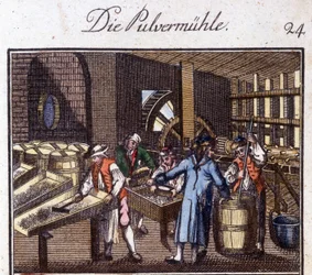 Métiers : le poudrier dans son atelier. Dans « Description complète des arts et métiers et ateliers pour les jeunes » par Johan Peter Vue. Éd. Nuremberg, Weigel et Schneider
