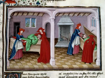 La mort Un patient agonise. Après sa mort, son corps est placé dans un cercueil. Miniature du « Décaméron » de Jean Boccace (Giovanni Boccaccio) (1313-1375) 1450 Paris, bibliothèque de l