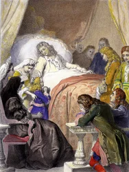 Mort de Louis XIV (1638-1715), roi de France, le 1er septembre 1715 à Versailles et le futur Louis XV (1710-1774).