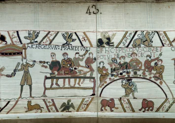 Débarquement en Angleterre, les troupes de Guillaume le Conquérant (1027-1087) festoient en attendant de combattre les armes saxonnes d