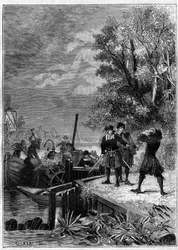 Denis Papin (1647-1712) physicien, mathématicien et inventeur français, regarde son bateau équipé de sa nouvelle invention, un système de machine à vapeur encore inconnu, détruit par des bateliers pour vendre quelques pièces. Gravure dans « La Nature »
