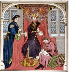 Édouard III (1312 - 1377) reçoit le comte Guy de Flandre. Gravure de la fin du XVIIIe siècle. Bibliothèque de Brera, Milan