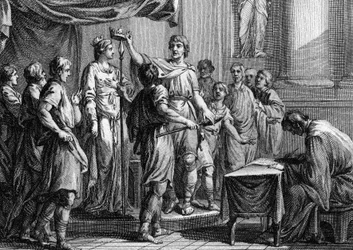 Établissement de la loi salique, rédigée par Clovis en 508. Elle traite essentiellement des problèmes de procédures concernant la propriété et les personnes, et des droits de succession pour les terres qui ne peuvent être transmises qu