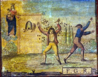Ex-voto du début du 19ème siècle représentant une personne attaquée par des abeilles