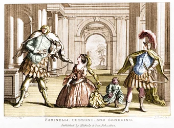 Farinelli (Carlo Broschi, dit ; 1705 - 1782) avec la soprano Cuzzoni et le castrat Francesco Bernardo Senesino (1680 - 1750) dans l