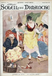 Mode fin 19ème siècle : nouvelles chaussures de Venise. Femmes essayant des chaussures de la ville italienne. Gravure dans « Le soleil-du-dimanche », 8 octobre