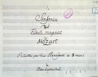 Première page de la symphonie réduite pour deux pianos et huit mains de Die Zauberflöte, opéra de Mozart, version Lichtenthal (19ème siècle)