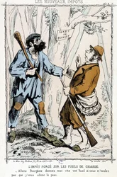 Taxe forcée sur les fusils : « Allons bourgeois, donne-moi vite ton fusil si tu ne veux pas que je te ruine la peau » - caricature sur les « nouvelles taxes »