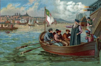 Anciens centres commerciaux : retour de Vasco de Gama (1469-1524), navigateur portugais à Porto, Portugal. Chromolithographie de la fin du XIXe siècle.