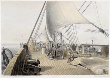 Pont avant dégagé pour la tentative finale de grappling, 11 août 1858 - dans "The Atlantic telegraph" par W. H. Russel, ca. 1860