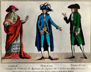 Révolution française : représentation des députés des trois ordres aux États généraux en costume cérémonial : le clergé, la noblesse et le tiers état. Estampe de la fin du XVIIIe siècle. Collection privée