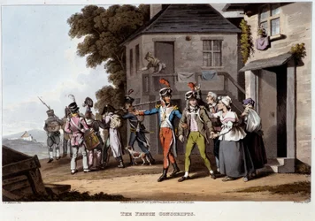 Conscrits français, vers 1814 - dans "Anecdotes historiques, militaires et navales et incidents survenus aux armes de la Grande-Bretagne et de leurs alliés, se terminant à Waterloo" par Edward Orme
