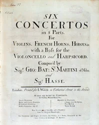 Frontispice de la partition musicale Six concertos en 8 parties par G B Sammartini et J A Hasse