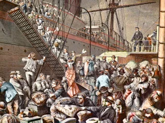 Émigrants allemands pour New York embarquant sur un vapeur de Hambourg en 1874, gravure - (Deutsche Emigranten)