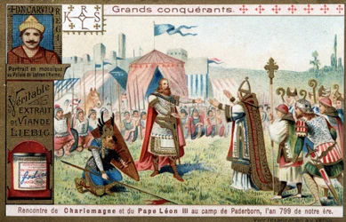 Grands conquérants : portrait de Charlemagne (742 ou 747-814) et sa rencontre avec le pape Léon III (750-816) au camp de Paderborn (Allemagne), en 799 - Chromolithographie Liebig