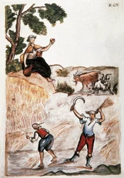 Récoltes, Indiens du Pérou travaillant dans les champs. Aquarelle du XVIIIe siècle. Madrid. Biblioteca del Palacio Real