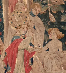 Histoire de Saint Piat et Saint Eleuthère, Scène 12: La résurrection de la fille du tribun (Comment Jehsucrist reclama le bon saint et ressuscita par chy la fille de tribun present son père et le commun). (détail).