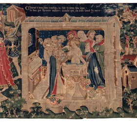 Histoire de Saint Piat et Saint Eleuthère, Scène 13: baptême de Blanda (Comment li bons sains baptisa la fille tribun que leva de fons par tres grande mistere: Blande qui au bon saint fu mère).