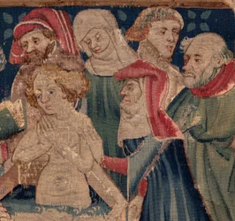 Histoire de Saint Piat et Saint Eleuthère, Scène 13: baptême de Blanda (Comment li bons sains baptisa la fille tribun que leva de fons par tres grande mistere: Blande qui au bon saint fu mère). (détail).