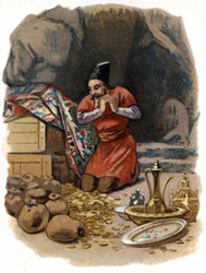 Illustration pour les Contes des Mille et Une Nuits. Ali Baba entre dans la grotte en disant, Sésame ouvre-toi et voit des barils d