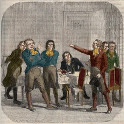 Entretien entre Jean-Paul Marat (1743-1793), Maximilien de Robespierre (1758-1794) et Georges Jacques Danton (1759-1794) le 28 juin 1793 dans un café parisien de la rue du Paon. Gravure dans « Histoire nationale illustrée de la France ». XIXe siècle