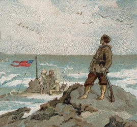 Isaac Israel Hayes (1832-1881) portant le drapeau américain sur les rives de la mer polaire. Chromo de la fin du XIXe siècle.
