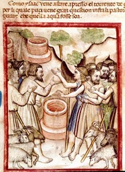 Isaac creuse des puits dans la vallée de Guerar et les bergers de la vallée lui cherchent querelle Miniature tirée du codex 212 (ou codex padovano ou Bible de Padoue)
