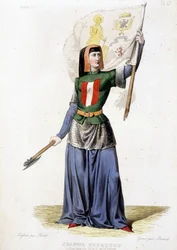 Jeanne Laisné, dite Jeanne Fourquet, surnommée Jeanne Hachette Héroïne française (1456 à ?). Gravure de 1835