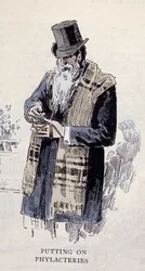 Religion juive : un vieil homme juif portant le talit (ou tzitzit), gravure de 1890