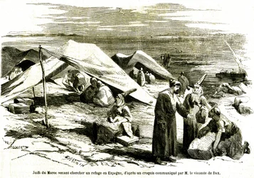 Juifs du Maroc venant se réfugier à Algesiras en Espagne au milieu du 19e siècle (gravure)
