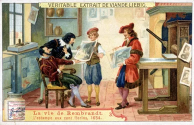 Chromolithographie Liebig sur la vie de Rembrandt (1606 - 1669), peintre néerlandais. Voici l