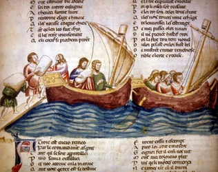 Chargement de marchandises à bord, fin du XIIIe siècle - Miniature du « Roman de Troie » de Benoît de Sainte-Maure, XIVe siècle - Biblioteca Marciana, Venise