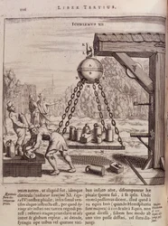 Chargement des hémisphères de Magdebourg suspendus - dans « Ottonis de Guericke: Experimenta Nova Magdeburgica de vacuo spatio » par Otto von Guericke