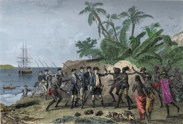 Louis Antoine de Bougainville, navigateur français (1729-1811), abordant les îles des Marquises à Tahiti, le 6 avril