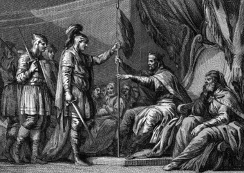 Période mérovingienne : un maire du palais (dignitaire du royaume) prêtant serment avant de prendre ses fonctions. Il jure aux évêques et seigneurs de la région de conserver leurs droits respectifs. Gravure du 18ème siècle.