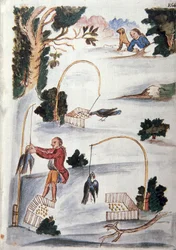 Méthode pour attraper les oiseaux au lasso, du livre "Trujillo del Peru" ou "Códice Martínez Compañón", par Baltazar Martinez Compañón y Bujanda, évêque de Trujillo (1782-1785)