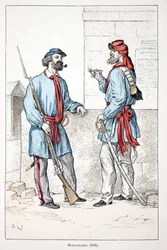 Montagnards (1848). Eau-forte en couleurs pour illustrer "Histoire du corps des gardiens de la paix"