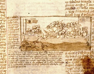 Bataille navale entre Sarrasins et Croisés en 1120. Selon le manuscrit "Peregrinationem in terram sanctam" du 12ème siècle. Marciana, Venise