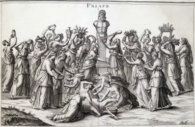 Offrandes faites par des femmes au dieu Priape (Priapos), le dieu asiatique de la fécondité, venu en Grèce. Lieu de culte de Lampsaque
