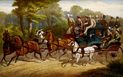 En route pour le derby, fiacre et omnibus tirés par des chevaux allant à un derby