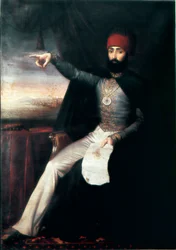 Empire ottoman : Portrait du sultan Mahmoud II (1784-1839). Il est représenté montrant du doigt, peut-être pour indiquer l