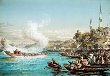 Empire ottoman : fête maritime à Constantinople. Lithographie du 19e siècle. Bibliothèque des arts décoratifs, Paris