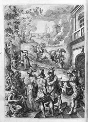 Ovide (Ovidius) - illustration pour le livre 15 - (P. Ovidii Nasonis Metamorphose libri XV um notis TH. Farnabii.) note par Thomas Farnaby (Farnabia) (1575-1647)